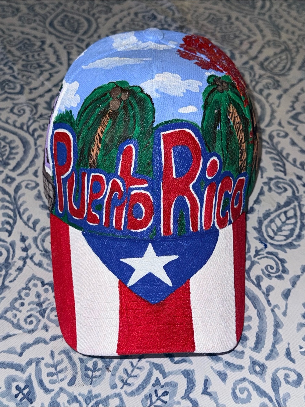 Hand-Painted Puerto Rico Flag Baseball Cap - Red, White & Blue